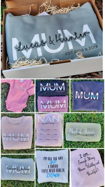 $25 Tshirt, $30 Long Top,  $35 Jumper, $40 Hoodie for Birthdays, Mothers/Fathers Day, Engagement, Bridesmaids, Hens, Wedding Gift, Bride + Groom to be, Mr + Mrs, New Born baby, Names, Christening Gifts, Quotes and Business Logo Packs. 