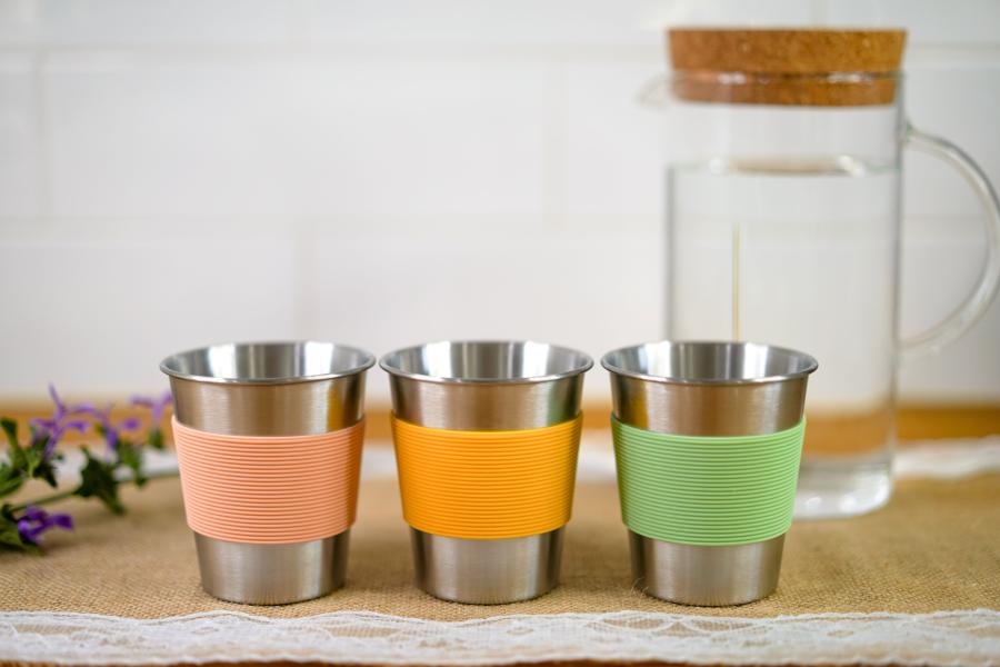 Stainless steel 300ml cup with silicone band (Available in Pink, Yellow and Green)