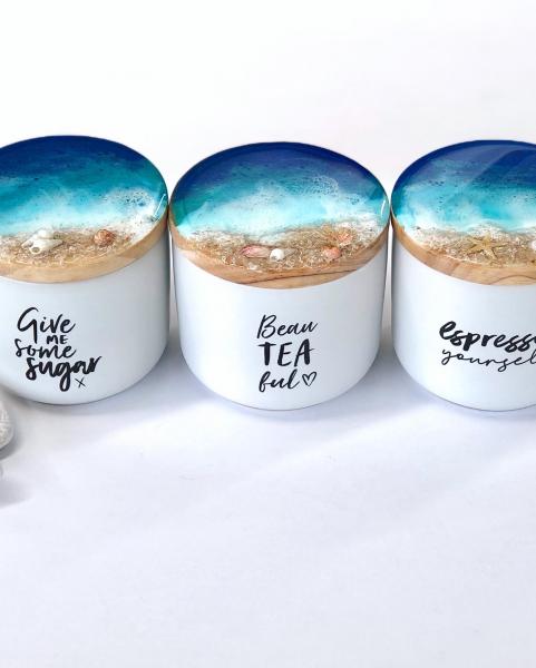 Set of 3 Canisters with sand,shells and ocean blue resin